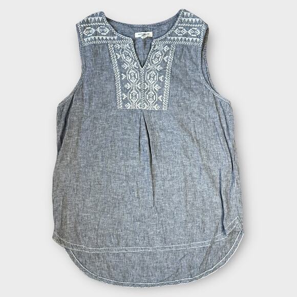 BEACH LUNCH LOUNGE EMBROIDERED SLEEVELESS CHAMBRAY BLOUSE BLUE WHITE SIZE XL - Picture 1 of 9